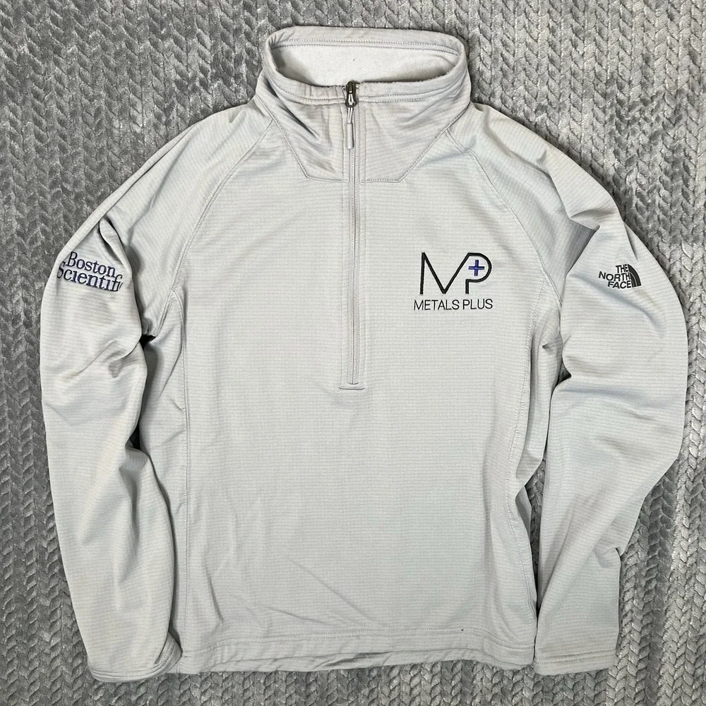 The North Face 1/4 Zip Pullover Mens Medium Gray Grid Fleece Company Logo